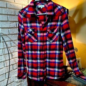 Colorful flannel top with brown suede elbow Adult S